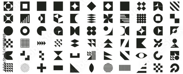 Fototapeta Brutalism abstract geometric shapes. Vector set of retro y2k minimal graphic icons, logos, design elements