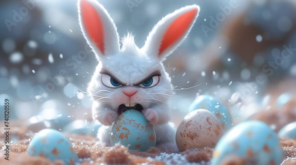 Obraz Scarily cute and vicious white Easter bunny ferociously guarding his eggs.