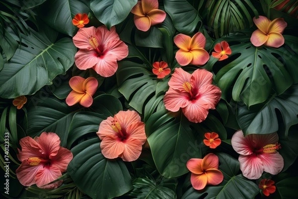 Fototapeta A breath-taking capture of a cluster of delicate pink flowers flourishing amidst a backdrop of vibrant green leaves, creating a harmonious and captivating natural setting