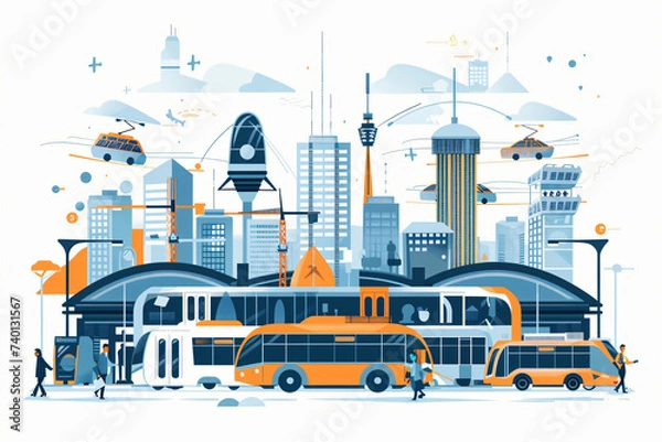 Fototapeta Integration of Modes and Network, Mobility as a Service and Mobility Hubs, Public Transports Concept, Future, Illustration - Generative AI.