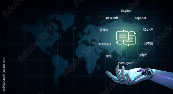 Fototapeta Ai Robot Hand holding speech bubble with arrows and text in many important languages. World map background. Translator and languages education with Artificial Intelligence concept. 3D Rendering.
