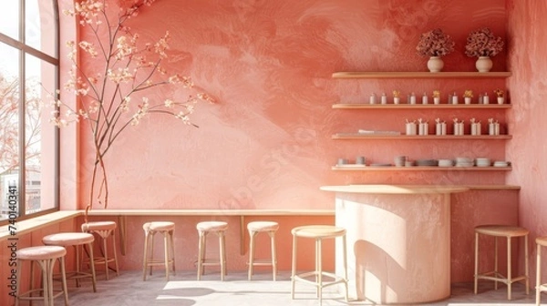 Fototapeta Interior of modern cafe with pink walls, concrete floor, round wooden tables and bar chairs.