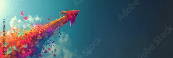 Fototapeta Arrow sign moving up on blue sky background. Copy space.