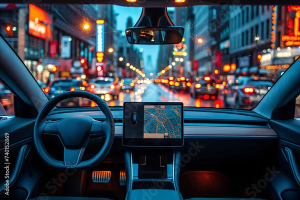 Fototapeta View from inside an electric vehicle showing a bustling urban street through the windshield at dusk..