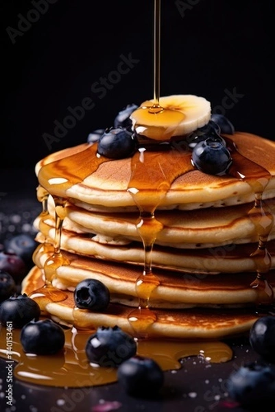 Obraz Delicious stack of pancakes topped with syrup and fresh blueberries. Perfect for food and breakfast concepts