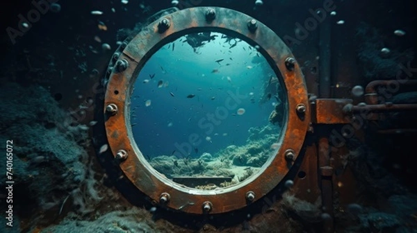 Fototapeta A serene ocean view seen through a ship's porthole. Suitable for travel brochures or nautical themes