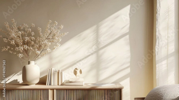 Fototapeta Interior of modern living room with wooden commode, books and vase with gypsophila flowers