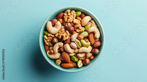 Fototapeta Mix of nuts in bowl on blue background. Healthy food concept .