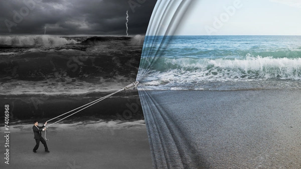 Fototapeta businessman pulling open calm sea curtain covered dark stormy oc