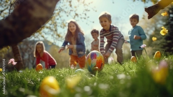 Fototapeta Group of children having fun with a colorful Easter egg. Perfect for Easter holiday concepts