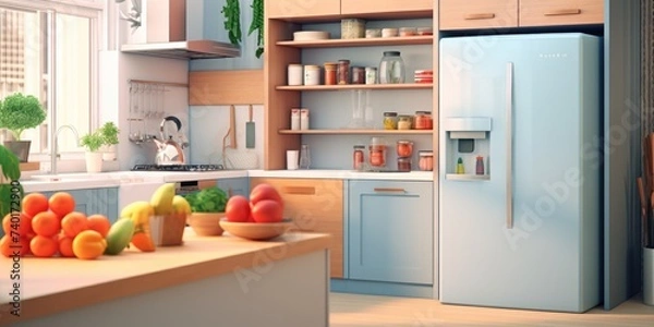 Fototapeta A kitchen filled with a variety of different types of food. Perfect for food blogs or recipe websites