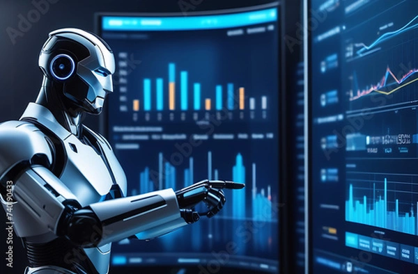 Obraz Businessman touch automated data management system to create reports with KPIs and indicators connected to the database. Data analysis with intelligent AI robot technology in business analysis.