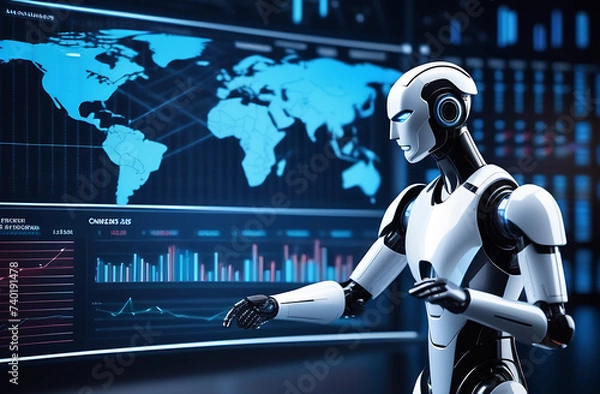 Fototapeta Businessman touch automated data management system to create reports with KPIs and indicators connected to the database. Data analysis with intelligent AI robot technology in business analysis.