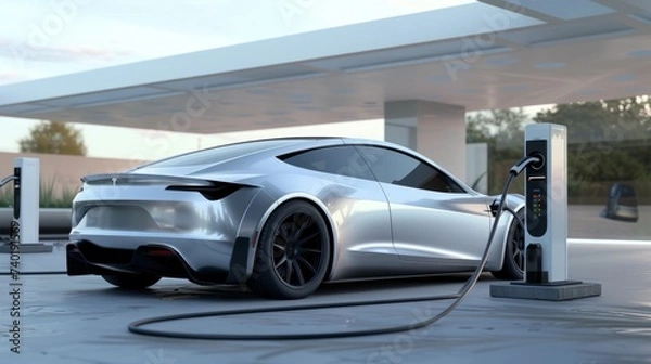 Fototapeta A sleek silver electric car charges at a modern electric vehicle charging station under a clear sky.

