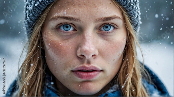 Fototapeta Close up portrait of woman with blue eyes and snow on skin, standing outdoors on cold winter day with snow falling in the background