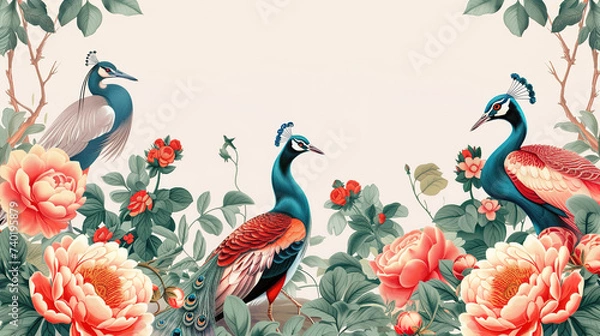 Fototapeta Chinoiserie Crane Birds in Floral Trees, Exotic Wallpaper Oriental Design, Chinese Blooming Garden Flowers on neutral Background Seamless Pattern