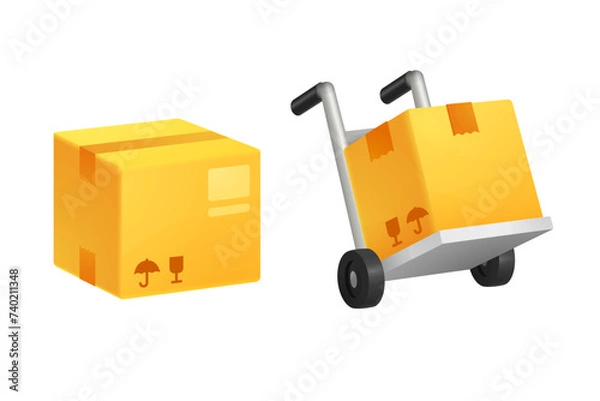 Fototapeta Brown parcel cardboard box with parachute, online delivery service or shipping and global logistic concept, quick and fast cargo shipment, 
