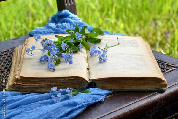 Fototapeta An open ancient book in the garden, a bouquet of forget-me-nots, background
