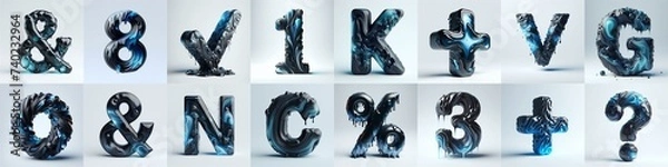 Fototapeta Obsidian and Blue glass 3D Lettering Typeface. AI generated illustration