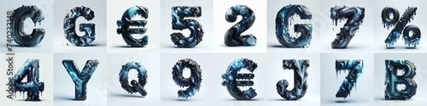 Fototapeta Obsidian and Blue glass 3D Lettering Typeface. AI generated illustration