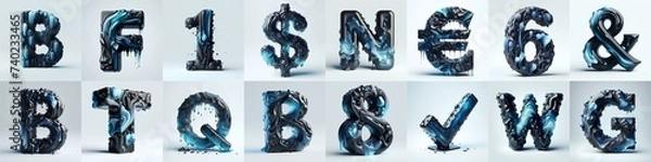 Fototapeta Obsidian and Blue glass 3D Lettering Typeface. AI generated illustration