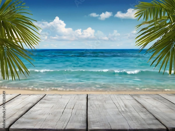 Fototapeta Summer tropical sea with waves, palm leaves and blue sky with clouds. Perfect vacation landscape with empty wooden table. Copy space.