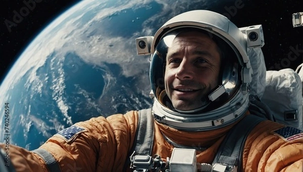 Obraz POV Selfie of a Man in a Space Suit Talking on a Video Call in Outer Space While Holding on to a Satellite. Astronaut Chatting with Family, Friends or Work Colleagues on a Phone App