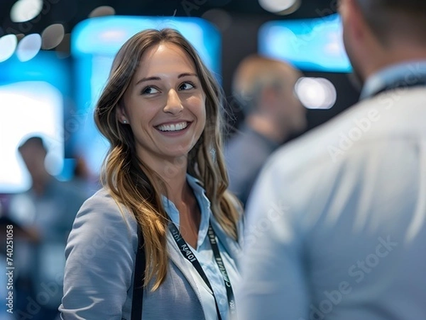 Fototapeta Photo of a smiling woman at a technology showcase trade show. She is engaged in conversation with one of the exhibitors, who is demonstrating their new product