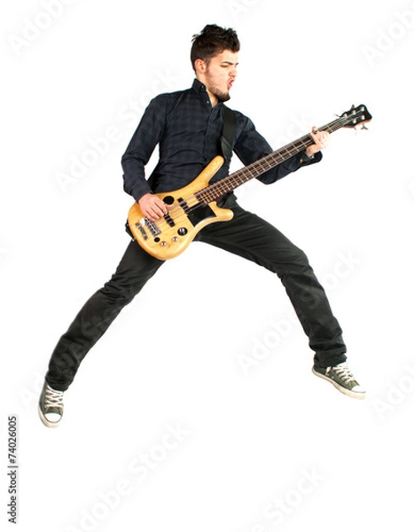 Fototapeta Jumping bass player on a white background