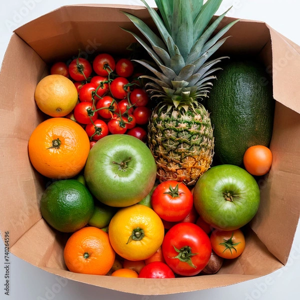 Fototapeta paper bag with different fruits and variety of colors, fresh with white background