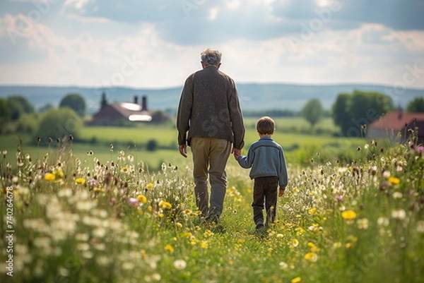 Fototapeta grandpa and grandson walking hand in hand in nature, view from behind