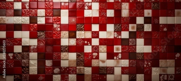 Fototapeta Red white colorful Ceramic tiles background banner wallpaper poster. A set of red white ceramic tiles in an artistic mosaic craftsmanship texture.