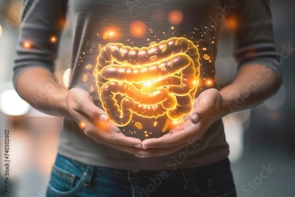 Fototapeta a person with a stomach ache holding their hands over their stomach with an illustration of intestines super imposed over top