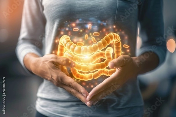 Fototapeta a person with a stomach ache holding their hands over their stomach with an illustration of intestines super imposed over top