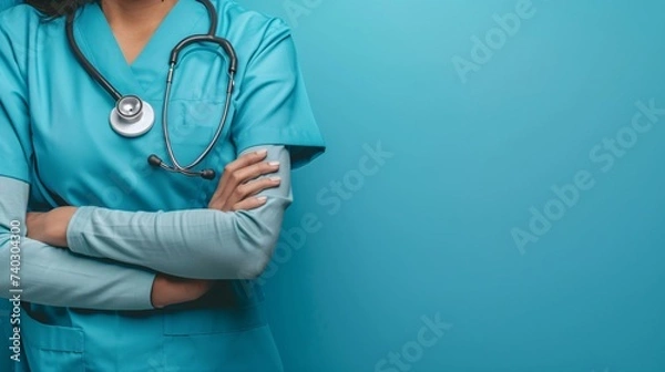 Obraz Buste d'une infirmière en tenue bleue sur fond turquoise » IA générative