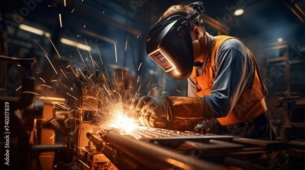 Fototapeta Man Working on a Piece of Metal in a Factory