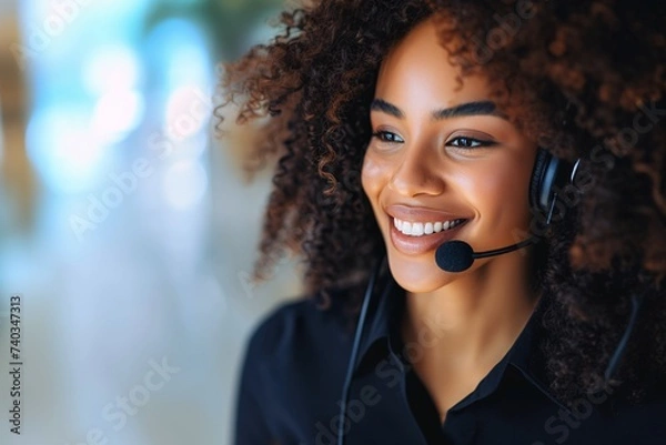 Obraz Téléconseillère noire souriante » IA générative