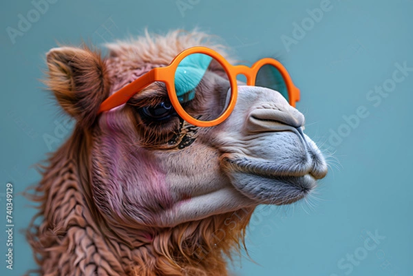 Fototapeta In a studio setting, a laid-back camel, rocking vibrant sunglasses, teams up with three chill llamas. Bathed in dynamic blue and pink lights, they strike a relaxed pose for headshot profiles, creating