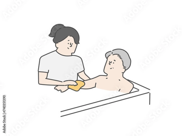 Fototapeta 高齢男性の入浴介助をする女性介護士