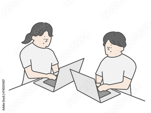 Fototapeta パソコンを使用する女性介護士と男性介護士