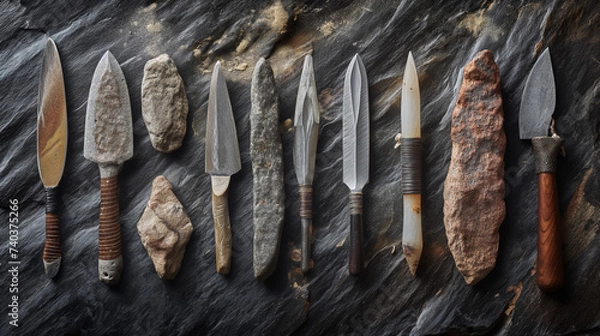 Fototapeta Flint Tools of Prehistoric Precision - Mastering the Flint Knife - Primitive spear - caveman - Primitive tool - Evolution - Theory of evolution - Primitive man