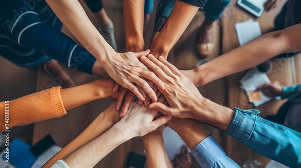 Fototapeta Employees join hands in a circle, hands piled symbolizing unity, collaboration, and the power of corporate teamwork