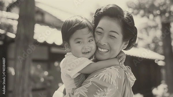 Obraz 母親が子供を抱きしめている昭和初期を思わせる古いポートレート