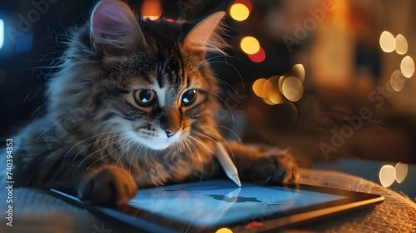 Fototapeta Stylish Cat Using iPad in Festive Atmosphere