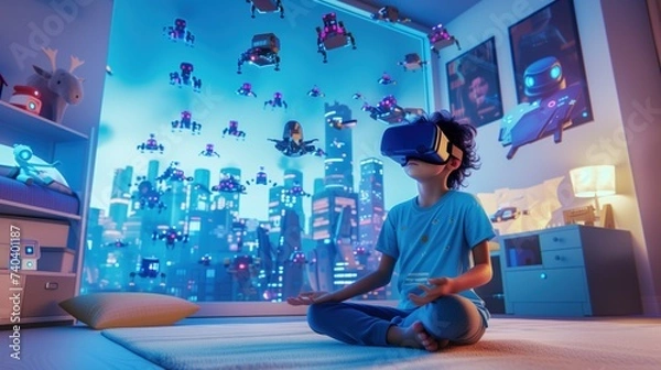 Fototapeta Child Exploring Virtual Cityscape Through VR Headset at Home