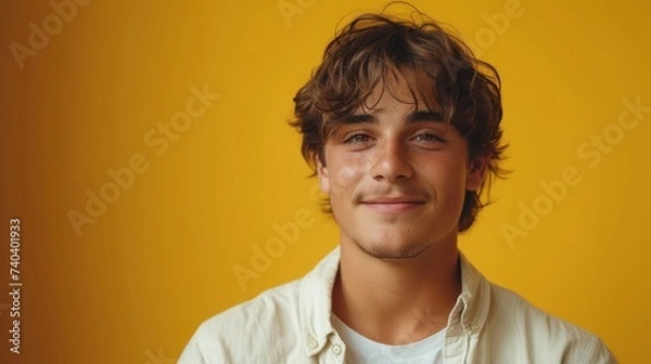Fototapeta Smiling young man with wavy brown hair, in a white shirt, standing confidently against a bright yellow background, exuding positivity