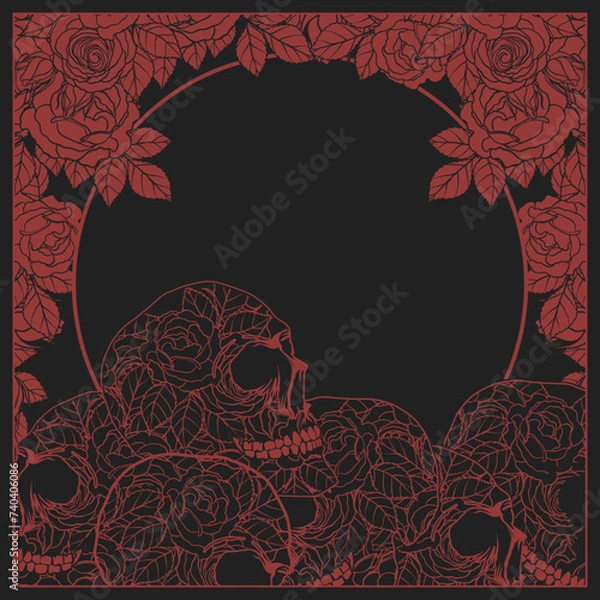 Fototapeta Black And  Red Colored Skull And Roses Border And Frame