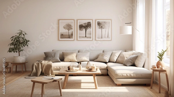 Fototapeta A Scandinavian living room with a neutral color palette, accented by natural greenery and subtle pops of color in the form of cushions, artwork, or decorative objects.