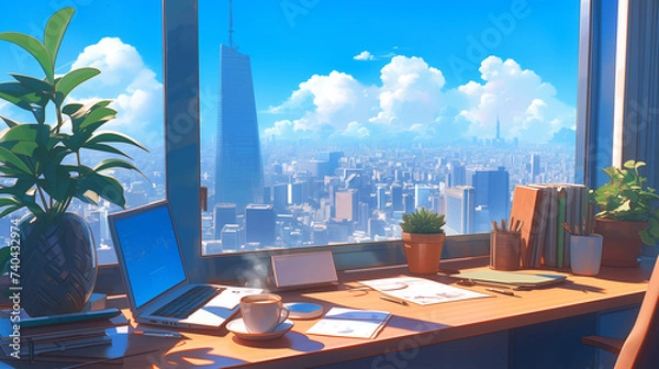 Obraz 高層階オフィスのデスクにパソコンとコーヒー　コワーキングスペース　フリーランス　副業