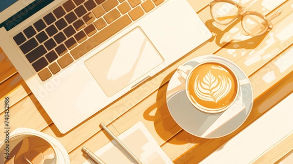 Obraz テーブルに置いてあるノートパソコンとコップ　フリーランス　副業　俯瞰